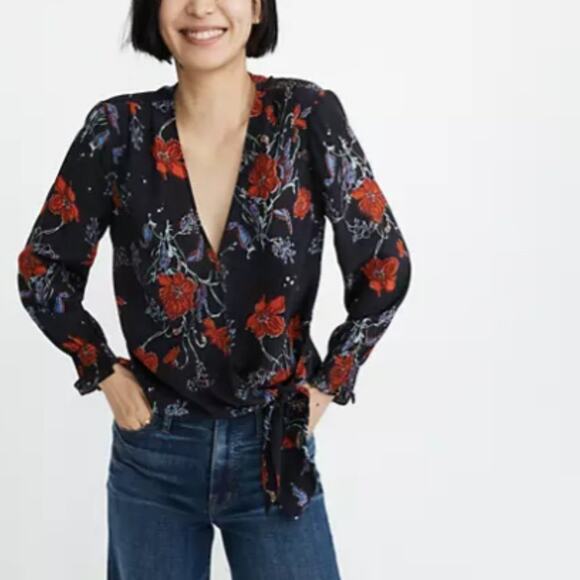 Madewell Silk Smocked-Sleeve Dark Floral Print Wrap Top - Picture 1 of 7
